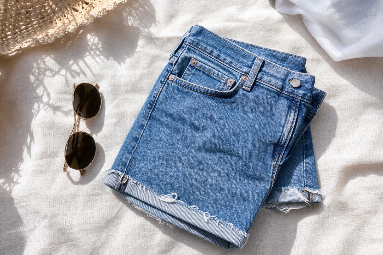 Korte spijkerbroek (denim short) gedragen in de zomer