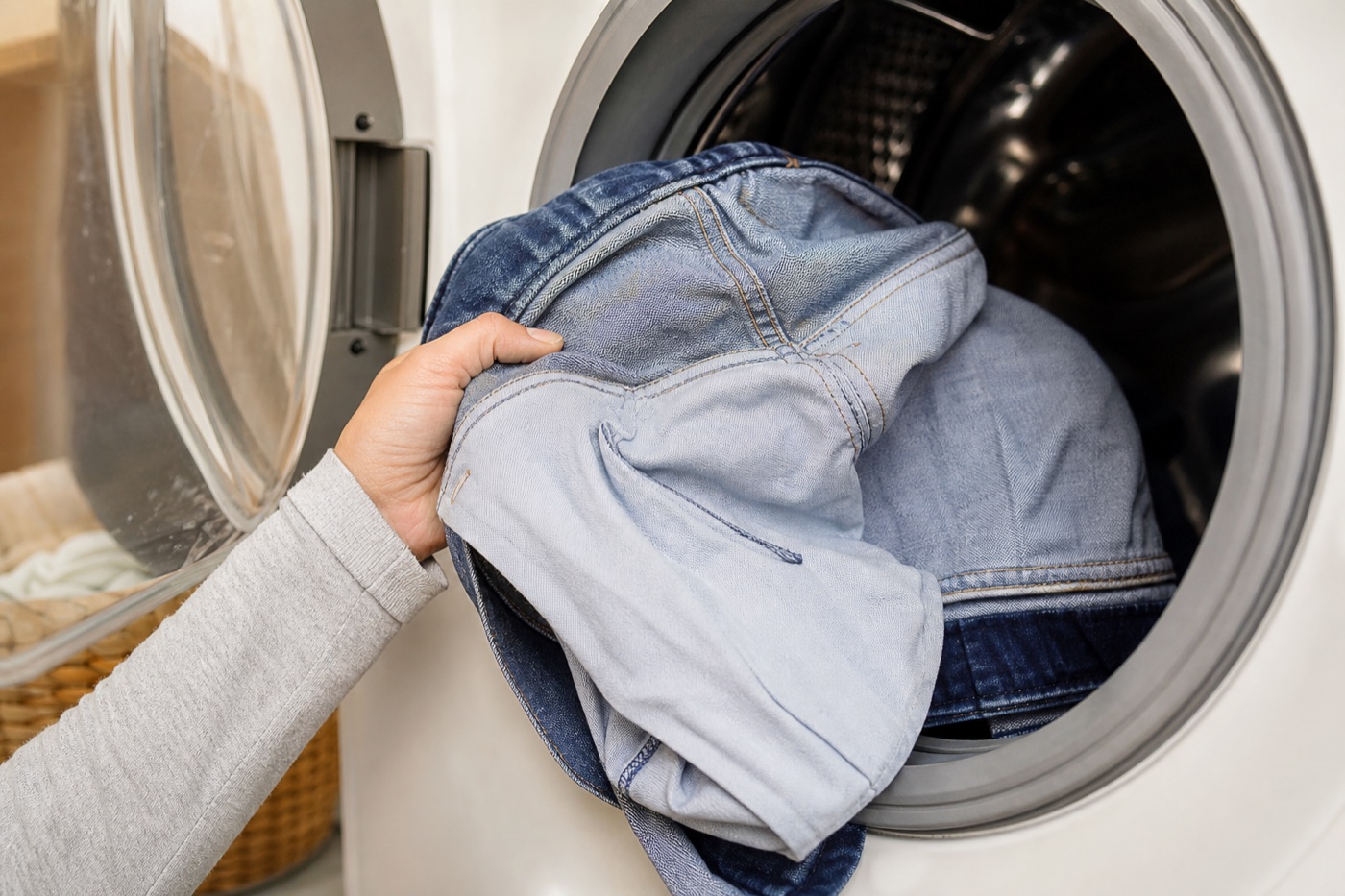 Spijkerbroek binnenstebuiten in de wasmachine